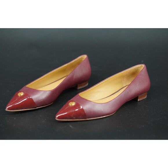 Tory Burch Burgundy Leather Fairford Pointy Toe Ballet Flats SZ 6 Logo $250 New - Picture 5 of 12